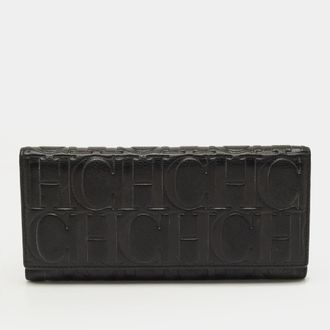 Carolina Herrera Black Monogram Embossed Leather Flap Continental Wallet