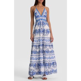 Alice & Olivia Karolina Print Cotton Halter Maxi Dress in Solstice at Nordstrom, Size 12