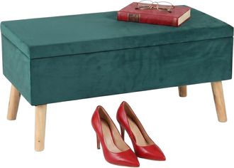 Relaxdays Relaxdays Banco Arc&oacute;n Tapizado Terciopelo 40 L, Patas Madera, Acolchado, 2 Plazas, 41x80x40 Cm, Verde Oscuro