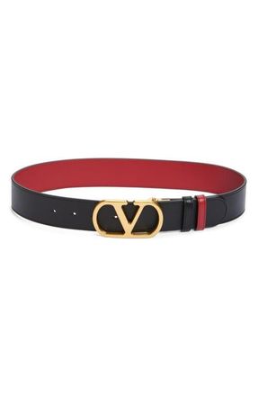 Valentino Garavani VLOGO Signature Reversible Leather Belt in Nero/Rosso V at Nordstrom, Size 75