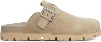Prada Logo Buckle Suede Mules