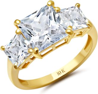 MAX + STONE 10k Yellow or White Gold 4 1/2 Carat Princess Cut Cubic Zirconia 3 Stone Ring