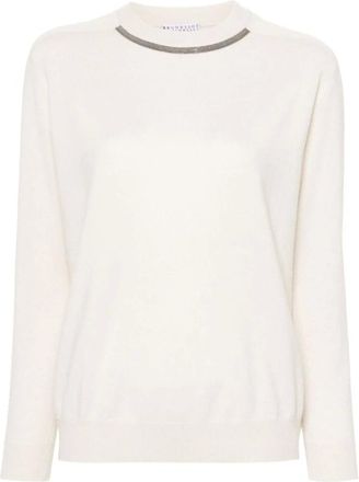 Brunello Cucinelli Brunello Cucinelli, Round-neck Knitwear, female, Beige, Size: S Elegant Crew Neck Long Sleeve Sweater