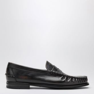Prada Mocassino nero/cuoio in pelle anticata