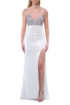 La Femme Metallic Jersey Ruched Prom Dress with Rhinestone Bodice in Ivory at Nordstrom, Size 12