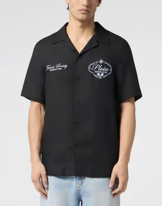 Philipp Plein Linen Bowling Shirt Tennis Club Men in Black at Nordstrom, Size X-Large