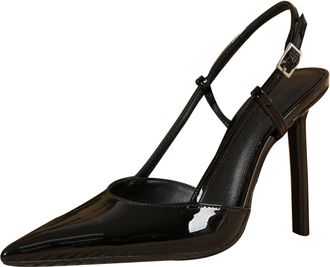 Generic Womens Patent Leather Pointed-Toe Slingback Pumps, 9.5cm Stiletto Heel with Buckle Detail, TPU Sole - Office & Evening Shoes (Black/Burgundy),Black,2.