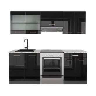 Vicco Mueble De Cocina R-line, Negro/antracita De Alto Brillo, 200 Cm, Et M&aacute;rmol