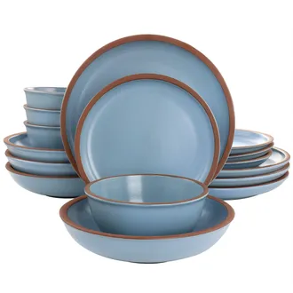 Gibson Lagos 16 Piece Terracotta Double Bowl Dinnerware Set in Solid Matte Blue