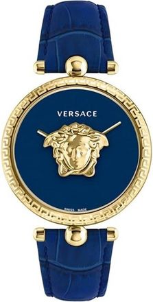 Versace Palazzo Blauw Goud Leren Horloge - Dames - Horloges - Geel - ONE Size - Accessoires