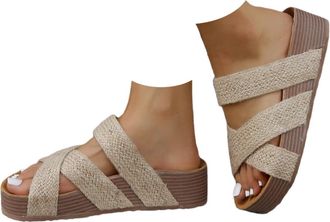 Generic Platform Slide Sandals for Women, Casual Beach Open Toe Slip on Sandals, Leather Flat Slippers with Arch Support, Comfortable Summer Outdoor Beach Sho