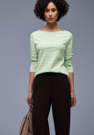 Street One Langarmshirt STREET ONE, Damen, Gr. 44, pale mint gr&uuml;n, Jersey, Obermaterial: 100% Baumwolle, gestreift, tailliert h&uuml;ftbedeckend, U-Boot-Ausschnitt, S