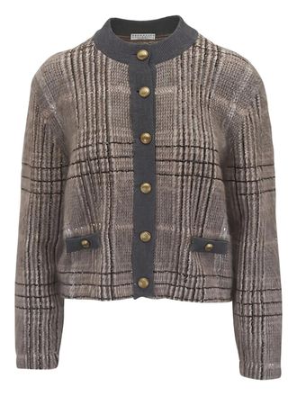 Brunello Cucinelli jacquard cardigan - women - Mohair/Virgin Wool/Nylon/Cashmere/Wool/Silk - L - Grey
