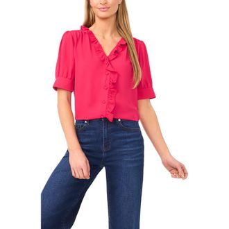CeCe by Cynthia Steffe Ruffle Detail Short Sleeve Georgette Button-Up Shirt in Ruby Blush at Nordstrom, Size Medium