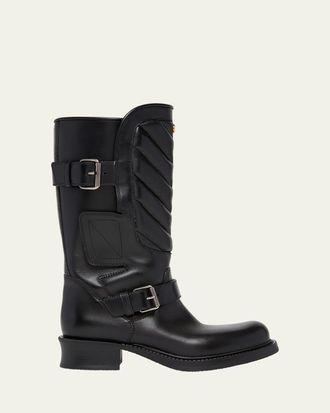 Valentino Garavani 40mm Rayons Leather Mid-Calf Moto Boots