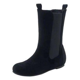 Generic Womens Comfortable Mid Calf Boots Round Toe Hidden Wedge Heel Slip On With Sewing Detail Soft Casual Daily Shoes