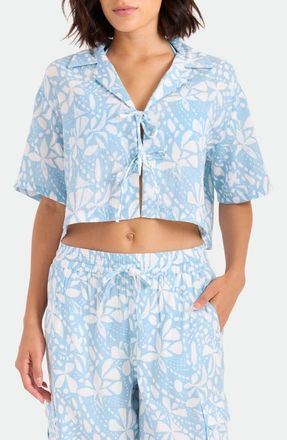 Volcom Tie Front Crop Cotton Cover-Up Shirt in Blue at Nordstrom, Size X-Small