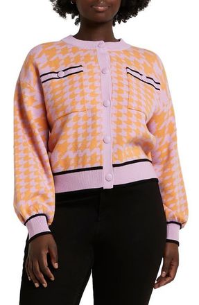 River Island Houndstooth Balloon Sleeve Bomber Cardigan in Orange at Nordstrom, Size 18W