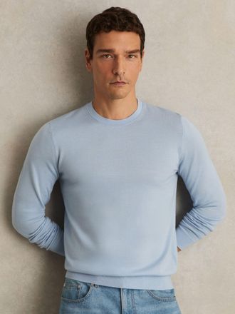 Reiss Soft Blue Merino Wool Crew Neck Jumper, Xxl