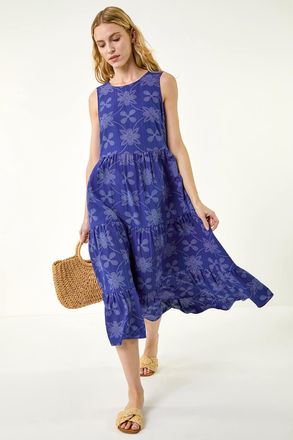 Roman Floral Motif Tiered Midi Dress