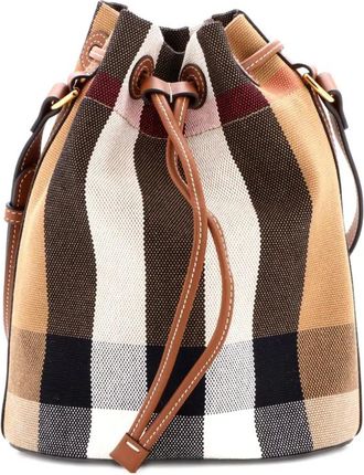 Burberry Borsa a secchiello piccola in pelle e tela con motivo House Check - Marrone