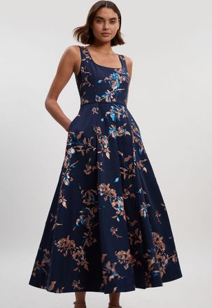 Karen Millen Womens Satin Sequin And Embroidery Woven Prom Dress - Navy - Size 10 UK