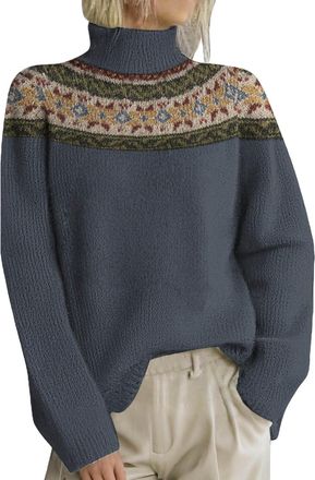 Generic Womens Jumpers Polo Neck Fair Isle Jumpers Ladies Plus Size Winter Warm Sweaters Long Sleeve Soft Vintage Pullover Sweater Navy