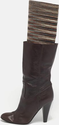 Missoni Brown Leather And Knit Fabric Knee High Boots