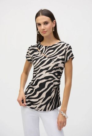 Joseph Ribkoff Animal Print Keyhole Short Sleeve Top In Beige/black