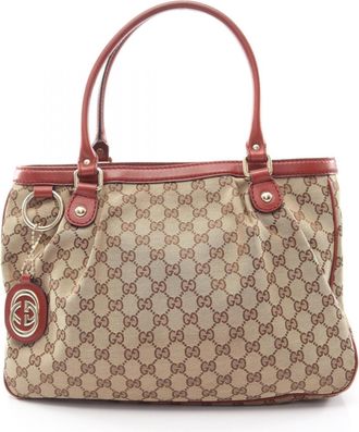 Gucci Beige Bordeaux Brown Canvas Leather Handbag Tote Bag (Pre-Owned)