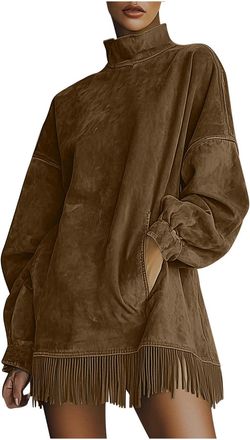 Generic Suede Tassel Mini Dress for Women UK Vintage Long Sleeve High-Neck Dresses with Pockets Ladies Fringe Hem Loose Fit Short Dresses Tunic A-Line Baggy C