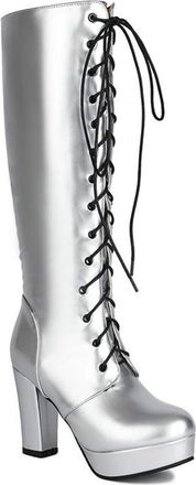 Generic Womens Patent PU Leather Knee High Riding Boots Lace Up Platform Block High Heel Fashion Goth Shoes with Zipper (5.5,Silver)