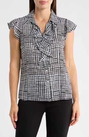 Calvin Klein Ruffle Cap Sleeve Top in Black/White at Nordstrom Rack, Size X-Large