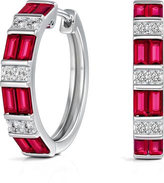 MAX + STONE 925 Sterling Silver Emerald Cut Round Gemstone Hoop Earrings with Cubic Zirconia