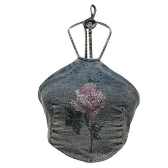 Alessandra Rich Alessanra Rich Crystal-Embellished Halter Crop Top in Denim Blue Cotton