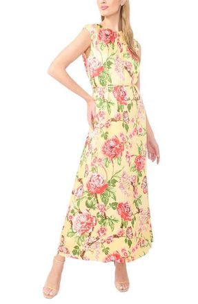Ted Baker Floral Gathered Neck Midi Dress in Creamed Corn at Nordstrom, Size X-Small