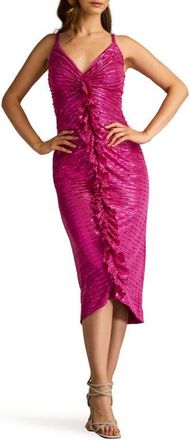 Tadashi Shoji Textured Sequin Stripe Cocktail Midi Dress in Wild Pink at Nordstrom, Size 14