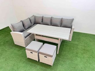 Fimous 8 Seater Rattan Garden Furniture Set with Dining Table 2 Small Stools in Light Grey