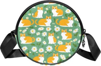 Generic Circle Crossbody Bag for Women, Cats Daisies Small Sling Bag Daypack with Zipper Adjustable Shoulder Straps Casual Ladies Girls Round Purse