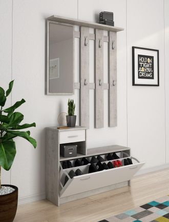 Dmora Mueble De Entrada Con Espejo, Entrada Para Recibidor Con Zapatero, Vaciador De Bolsillo Para Apartamentos Peque&ntilde;os, Cm 100x25h180, Color Blanco Y Ceme