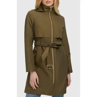 Cole Haan Belted Travel Packable Hooded Rain Jacket in Olive at Nordstrom, Size X-Small