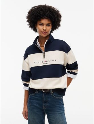 Tommy Hilfiger Womens Tommy Logo Quarter-Zip Sweatshirt - Navy Blue - XXL