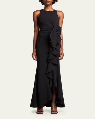Badgley Mischka Odessa Asymmetric Ruffle-Skirt Crepe Gown