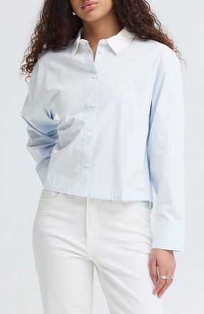 Ichi Stripe Split Hem Crop Cotton Button-Up Shirt in Blue/white Stripe at Nordstrom, Size 10 Us