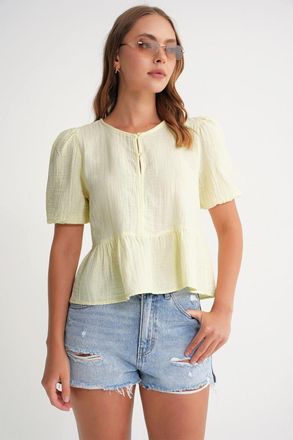 Mixray Textuur Muslin Crew Neck Blouse met Knopen Sluiting