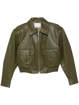 Frankie Shop Cropped Green Leather Jacket With Zip Fastening And Flap Pockets