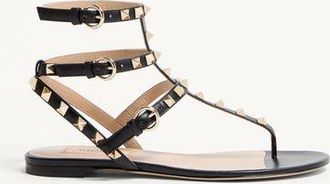 Valentino Garavani Rockstud Calfskin Flat Flip-Flop Sandal Woman BLACK 34.5