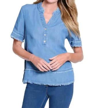 Multiples Fringe Hem Blouse In Light Indigo