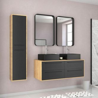 Aurlane Paquete De Gabinete De Ba&ntilde;o - 120x45 + 2 Cuencas Cuadradas Negras Mate + Columna + Espejos Negros Mate - Uby 120