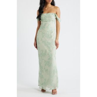 Princess Polly Azura Off the Shoulder Floral Burnout Gown in Green Burnout at Nordstrom, Size 0